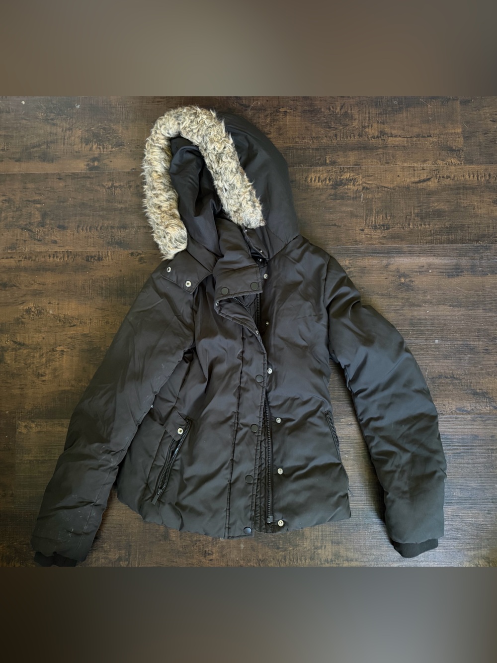H&M Black Hooded Puffer Jacket with Faux-Fur Trim